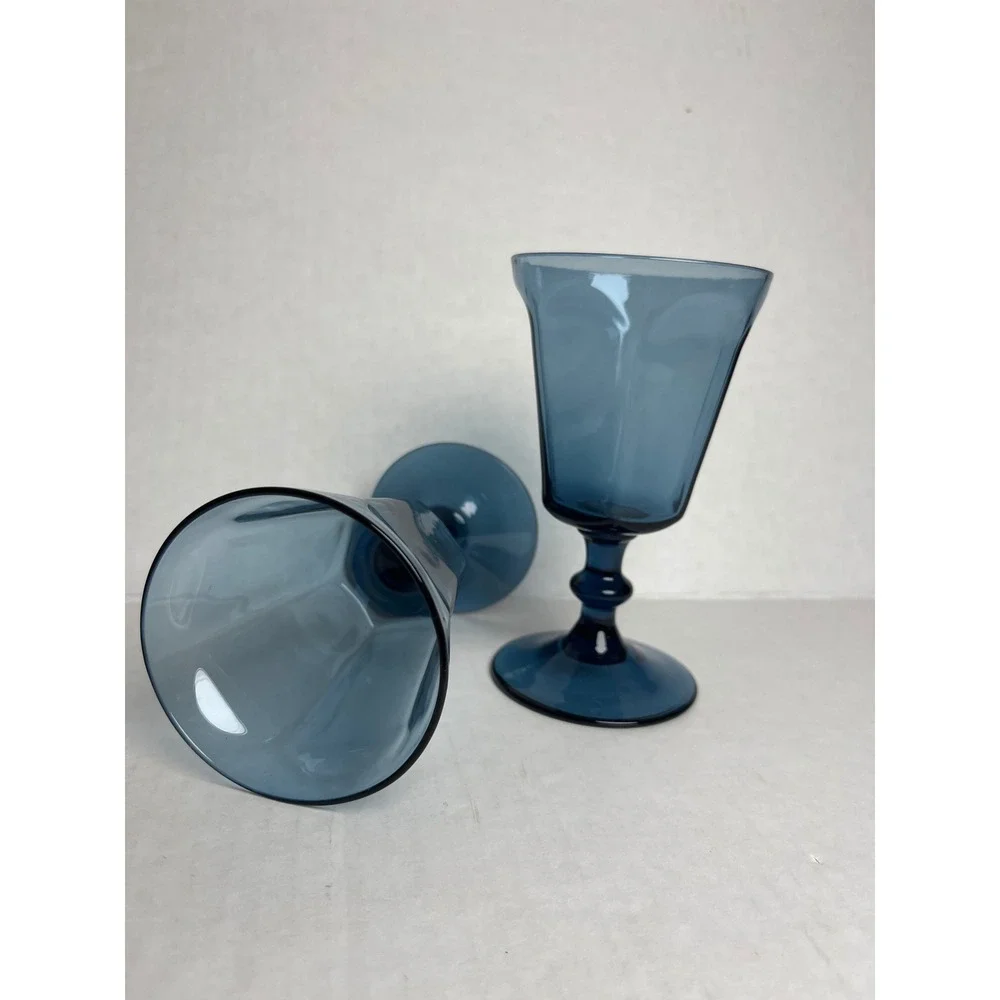 Vintage Lenox Glass Water Goblets Paneled Stemware Set/2 Smoke Blue Made in USA